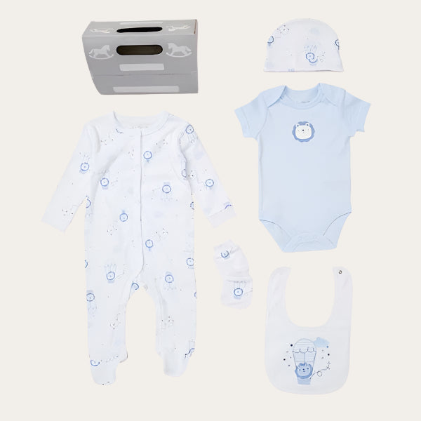 White and Blue Lion Balloon Baby Layette Set – 5 Piece