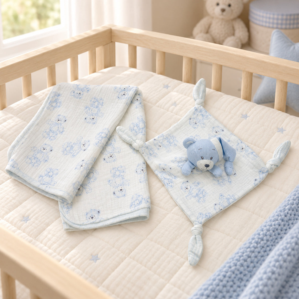 Blue muslin baby blanket and bear comforter gift set
