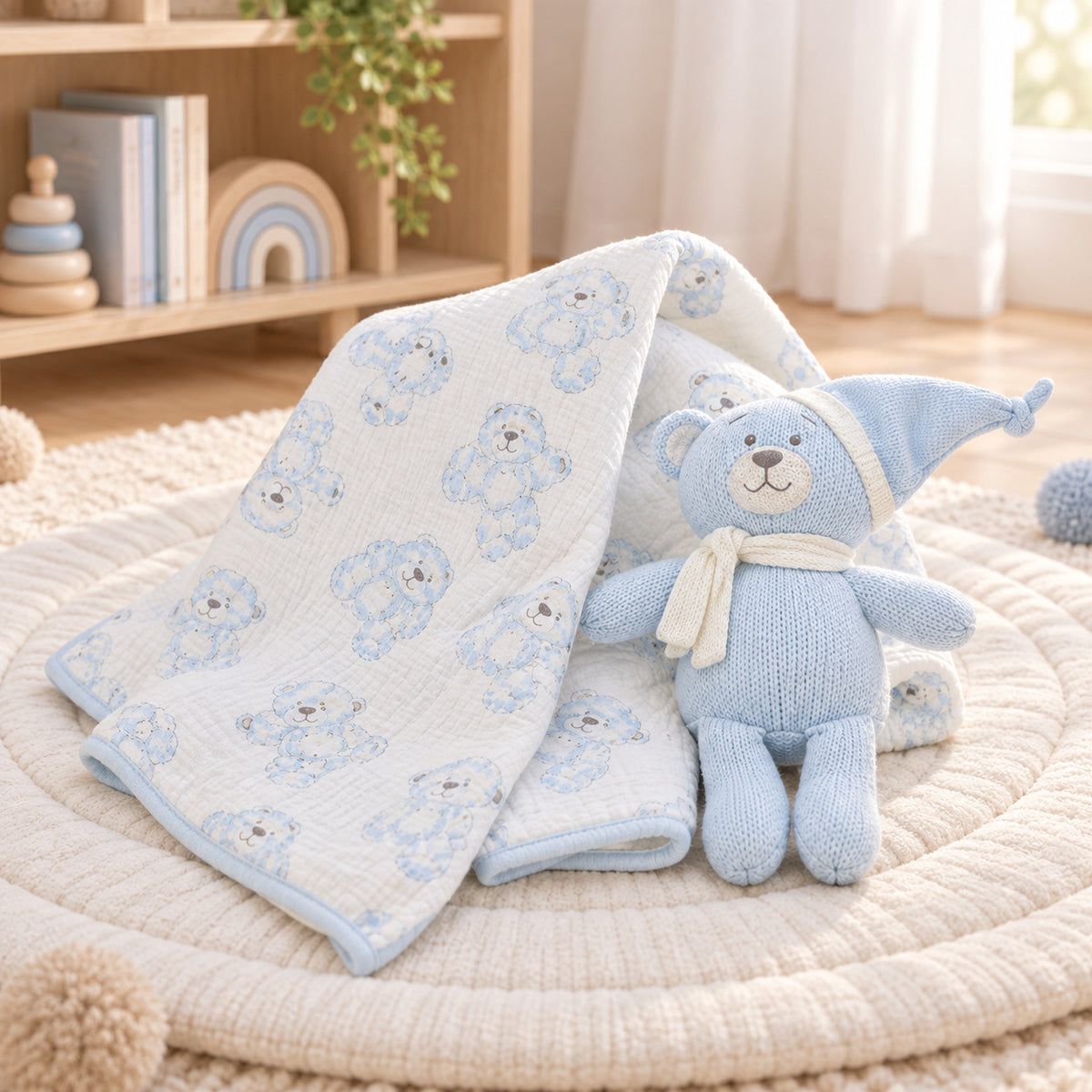 Blue muslin baby blanket and bear toy gift set