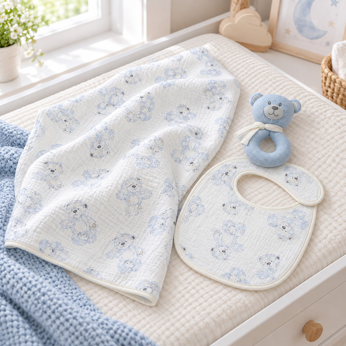 Blue muslin baby blanket, bib and bear rattle gift set
