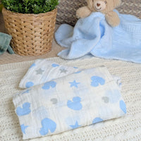 Baby muslin squares with blue and gray patterns pm.