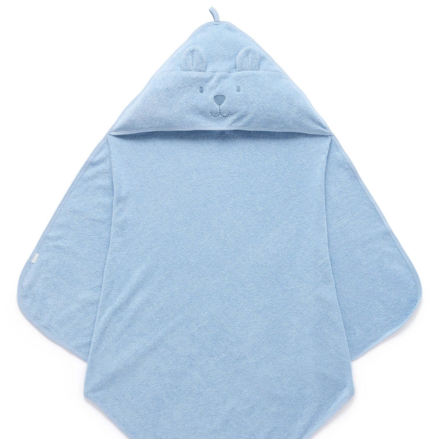 Organic blue baby towel with bear face on the hood