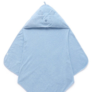 Organic blue baby towel with bear face on the hood