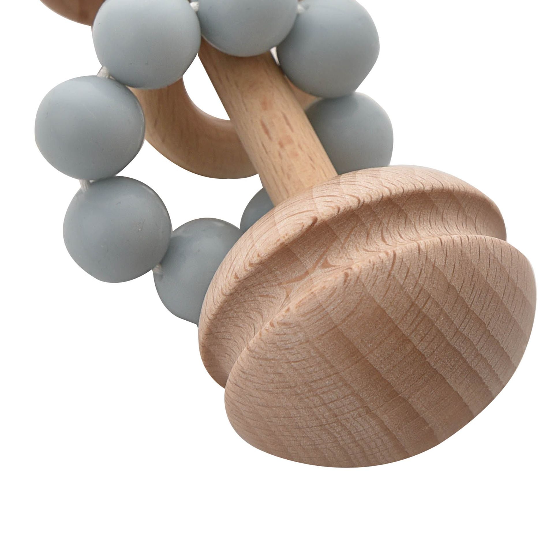 A wooden baby teething toy with a large rounded natural wood handle and a ring of smooth matte light gray silicone beads, shown on a white background.