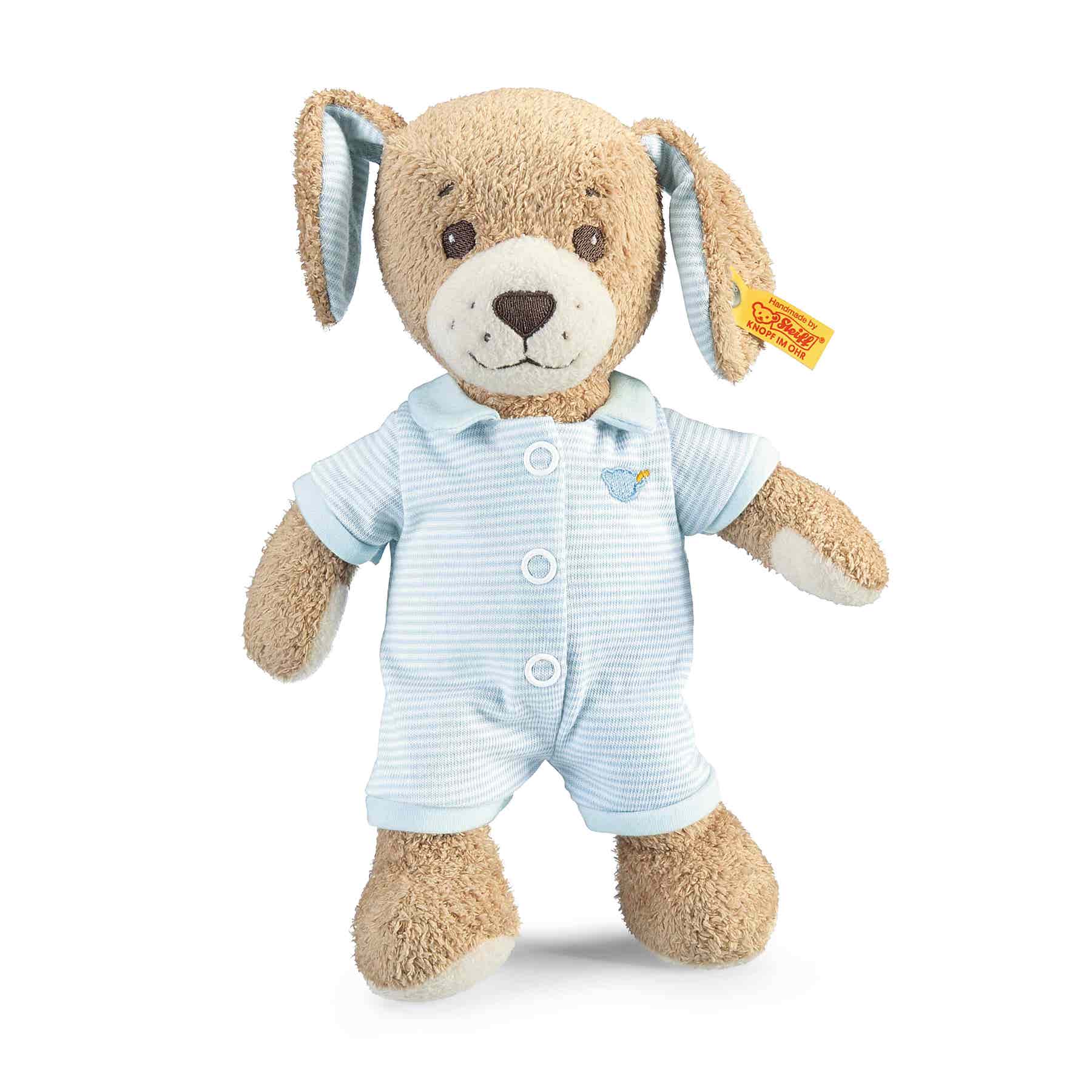Steiff soft toy dog with a removal blue outfit