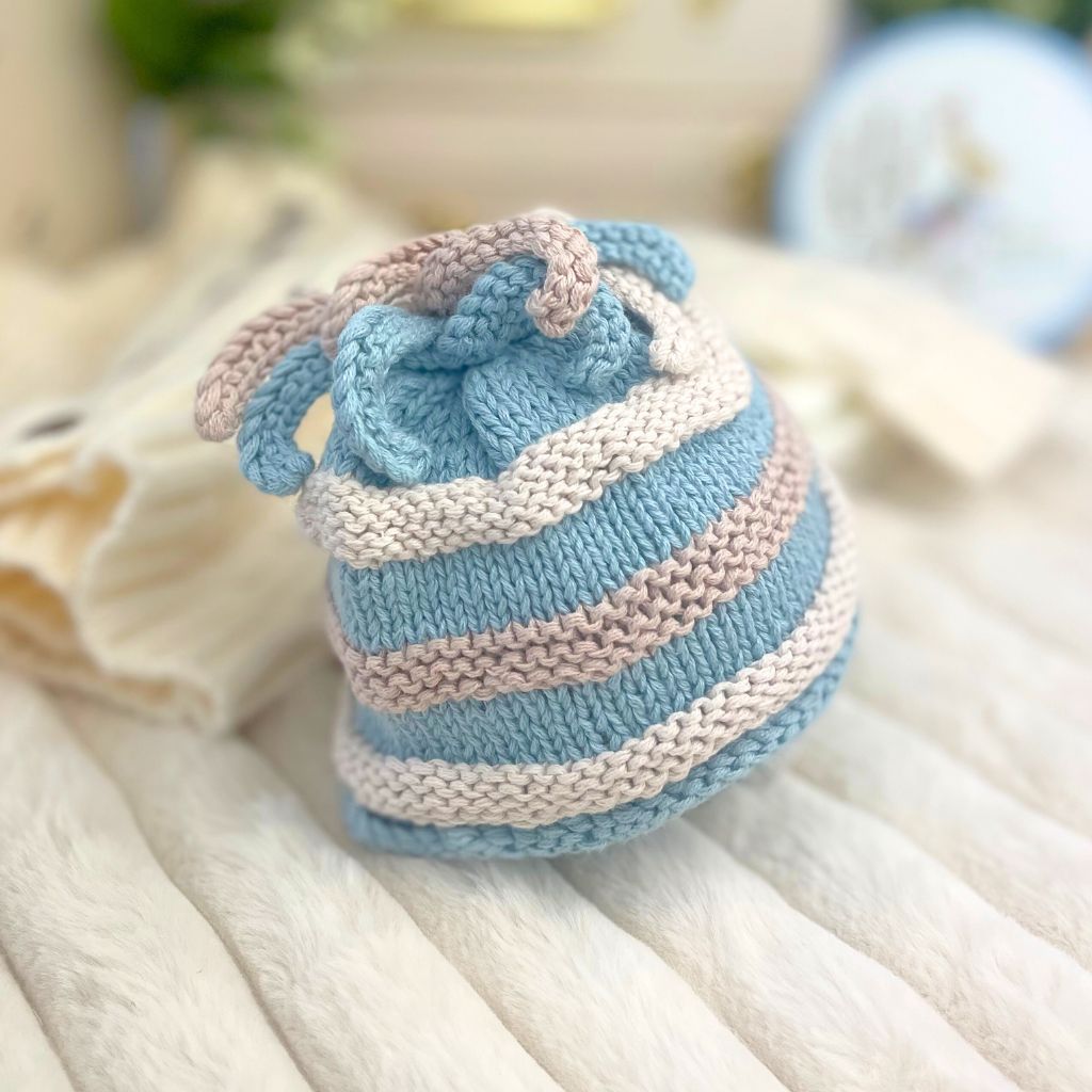 Organic, fairtrade baby knit hat – stripey blue and cream 100% cotton. 0-6 months. 