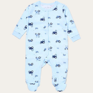 Blue tractor print sleepsuit for baby boys