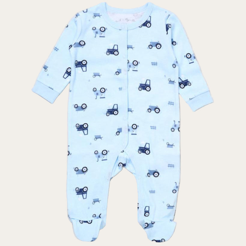 Blue tractor print sleepsuit for baby boys
