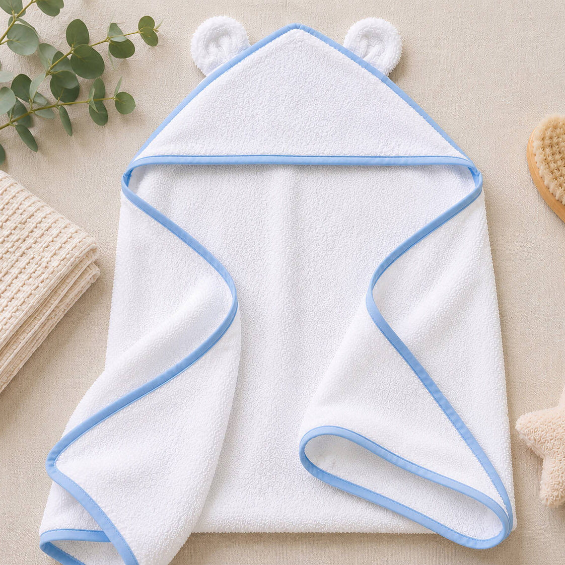 white baby bath towel with hood and blue trim