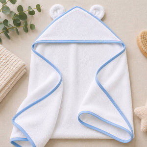 white baby bath towel with hood and blue trim