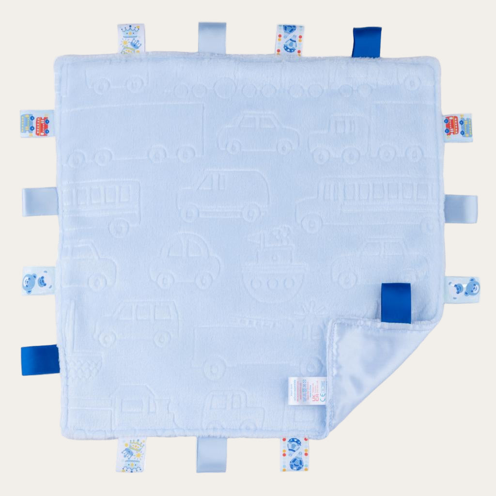 Pale blue taggie with embossed vehicle print and a satin back