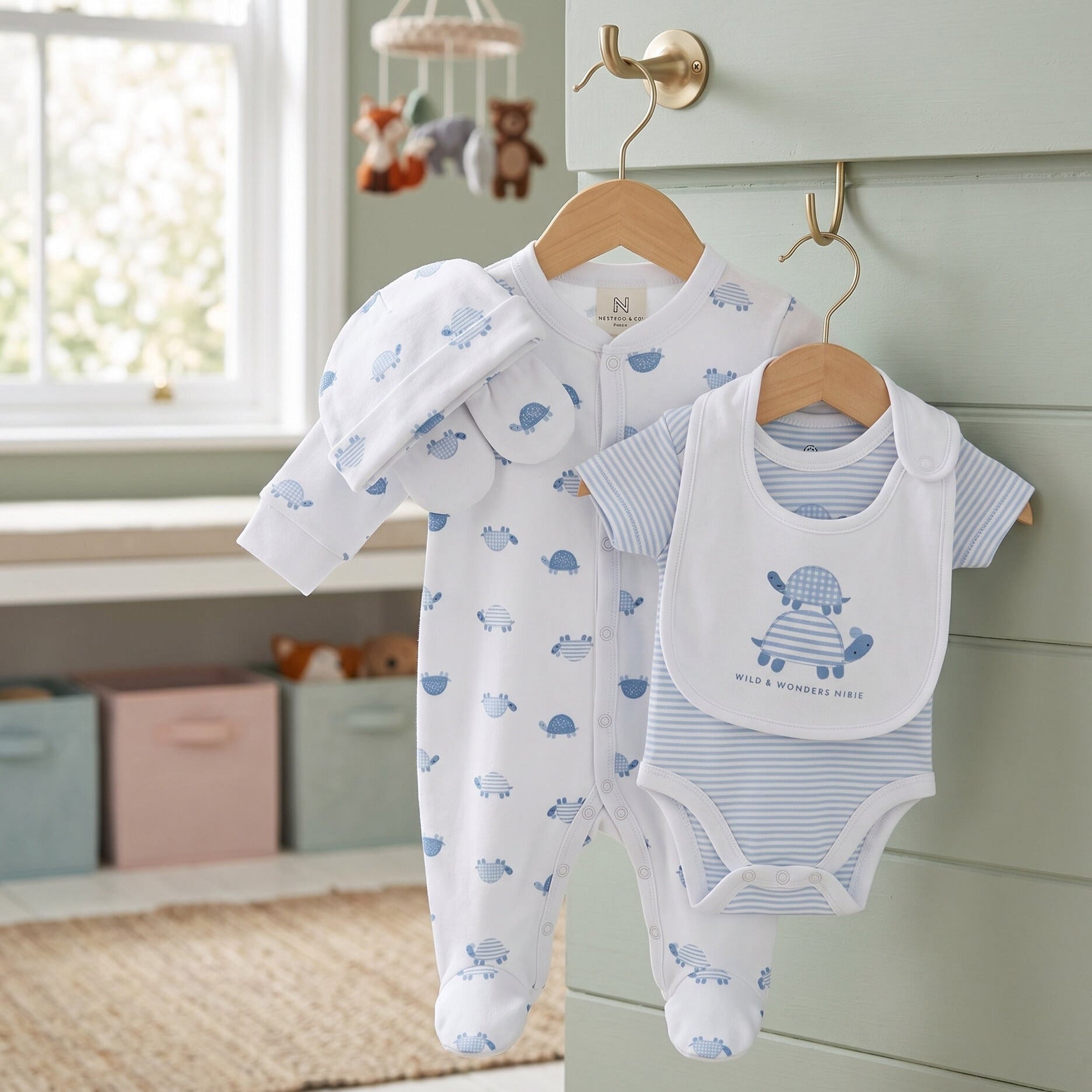 Baby boy clothing outfit in blue and white with turtles on the bib