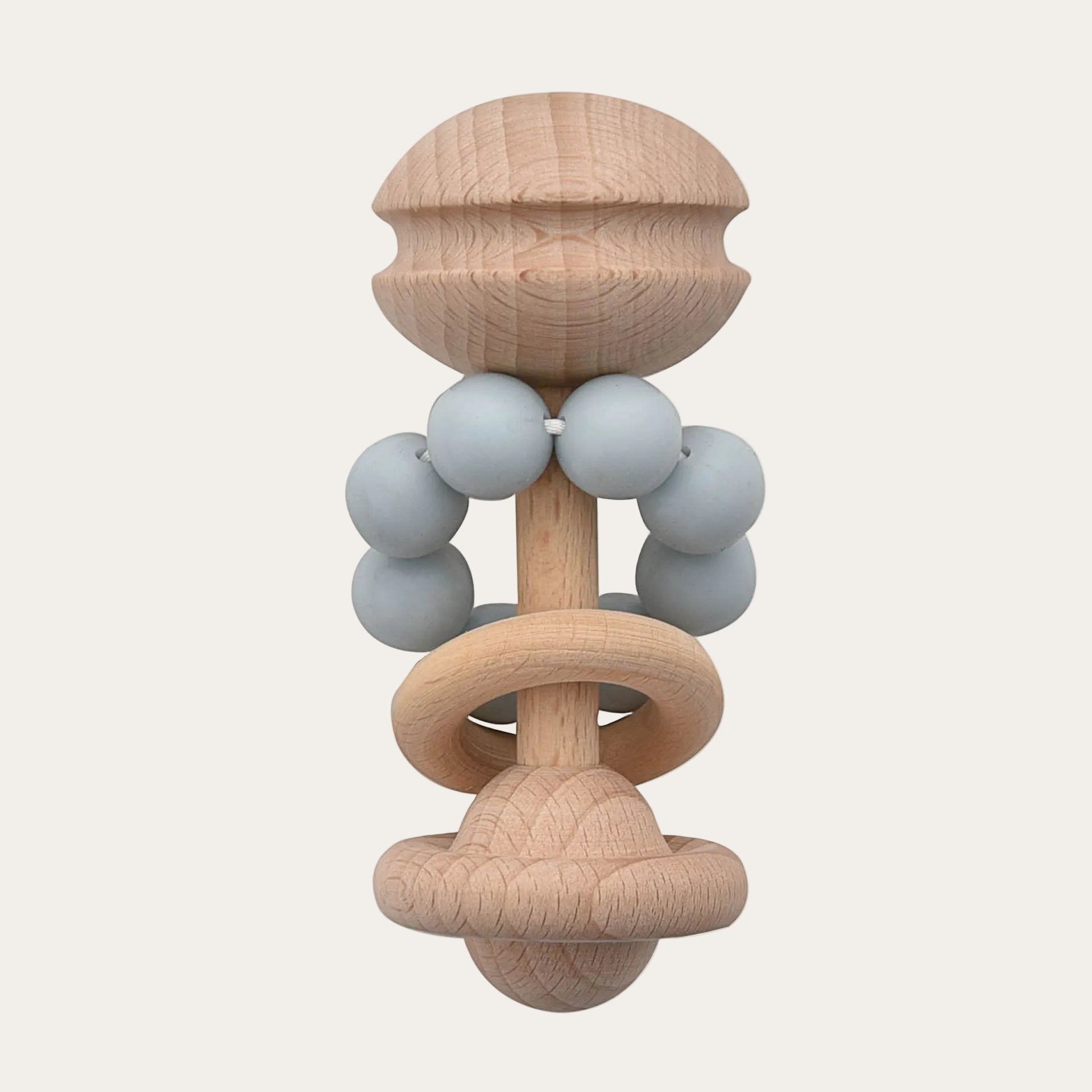 Blue wooden teething rattle with silicone beads
