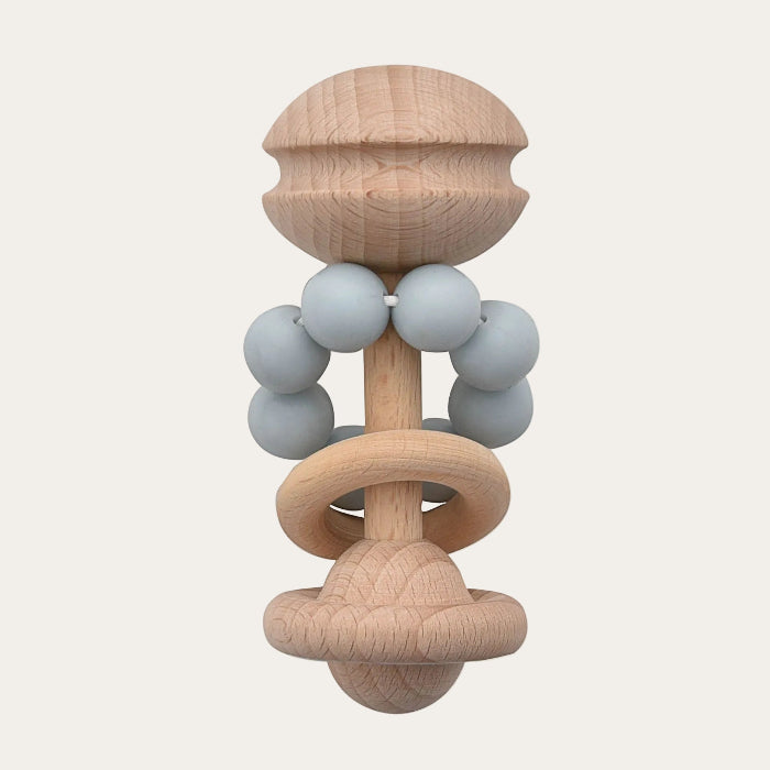 Blue wooden teething rattle with silicone beads
