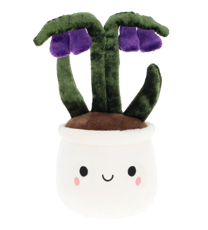 Plush toy resembling a potted plant with green leaves and purple flowers on a white background
