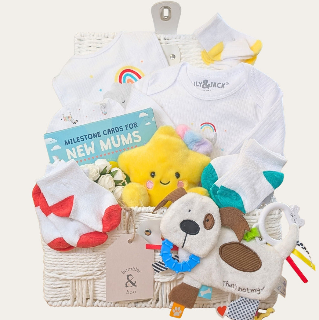 Colourful baby gifts basket with rainbow bodysuit, plush star, puppy teething toy and milestone cards. Perfect present by Bumbles & Boo.