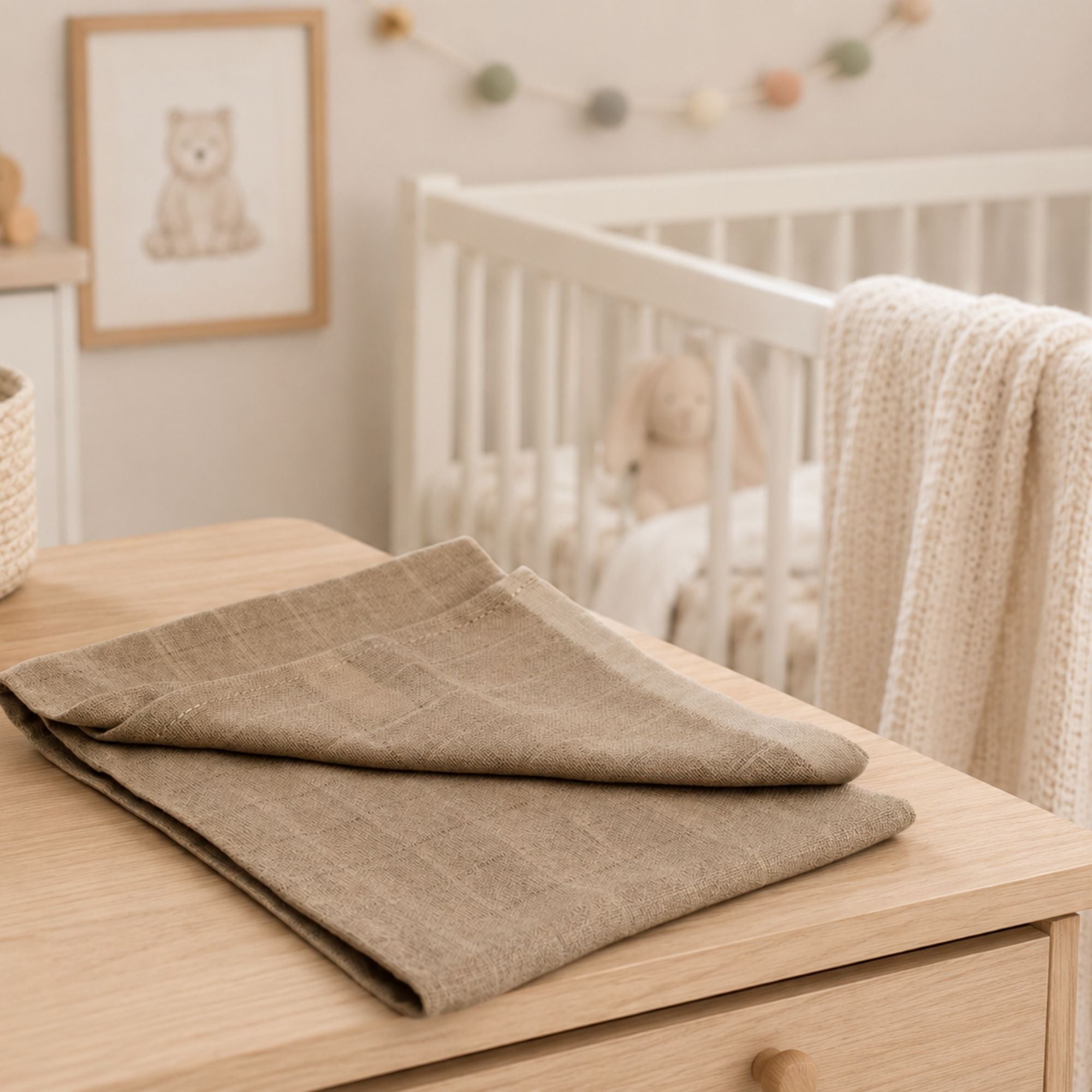 Beige neutral coloured 100% cotton muslin square for baby feeding, nursing and wiping spills.