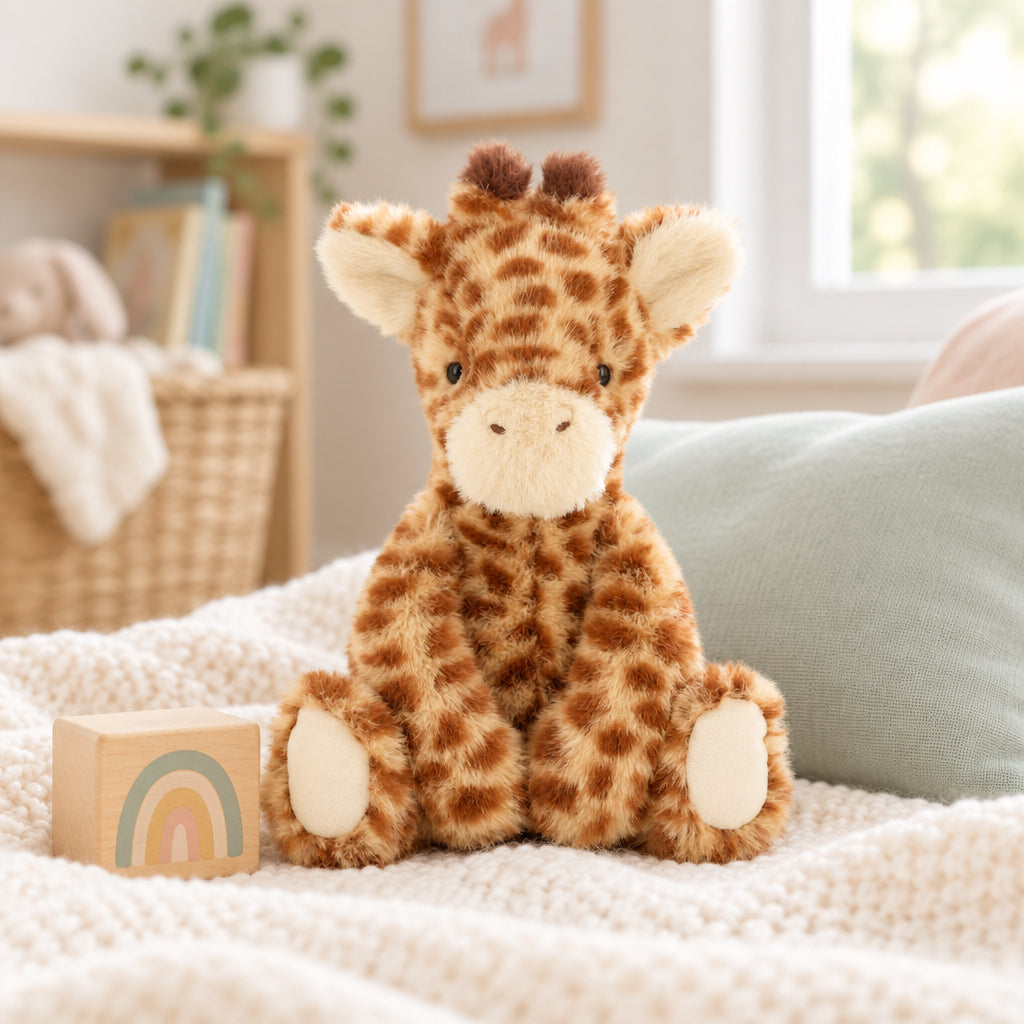 Brown giraffe soft toy measuring 20 cm