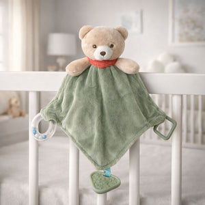 Soft green and brown teddy bear comforter with teething rings