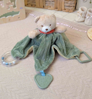 Teddy bear teething and sensory toy comforter in green and beige