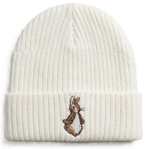 Brown knitted baby hat with embroidered bunny detail close-up