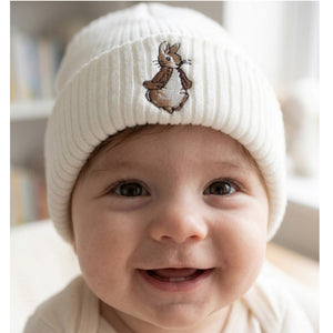 Brown knitted baby hat with embroidered bunny detail for newborns 0-3 months