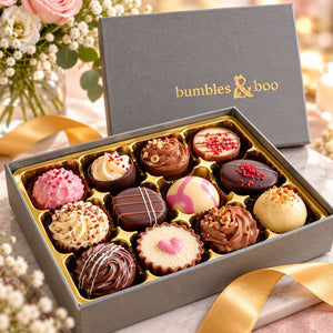Milk chocolates truffle selection of chocolates in a box with bumbles and boo branding