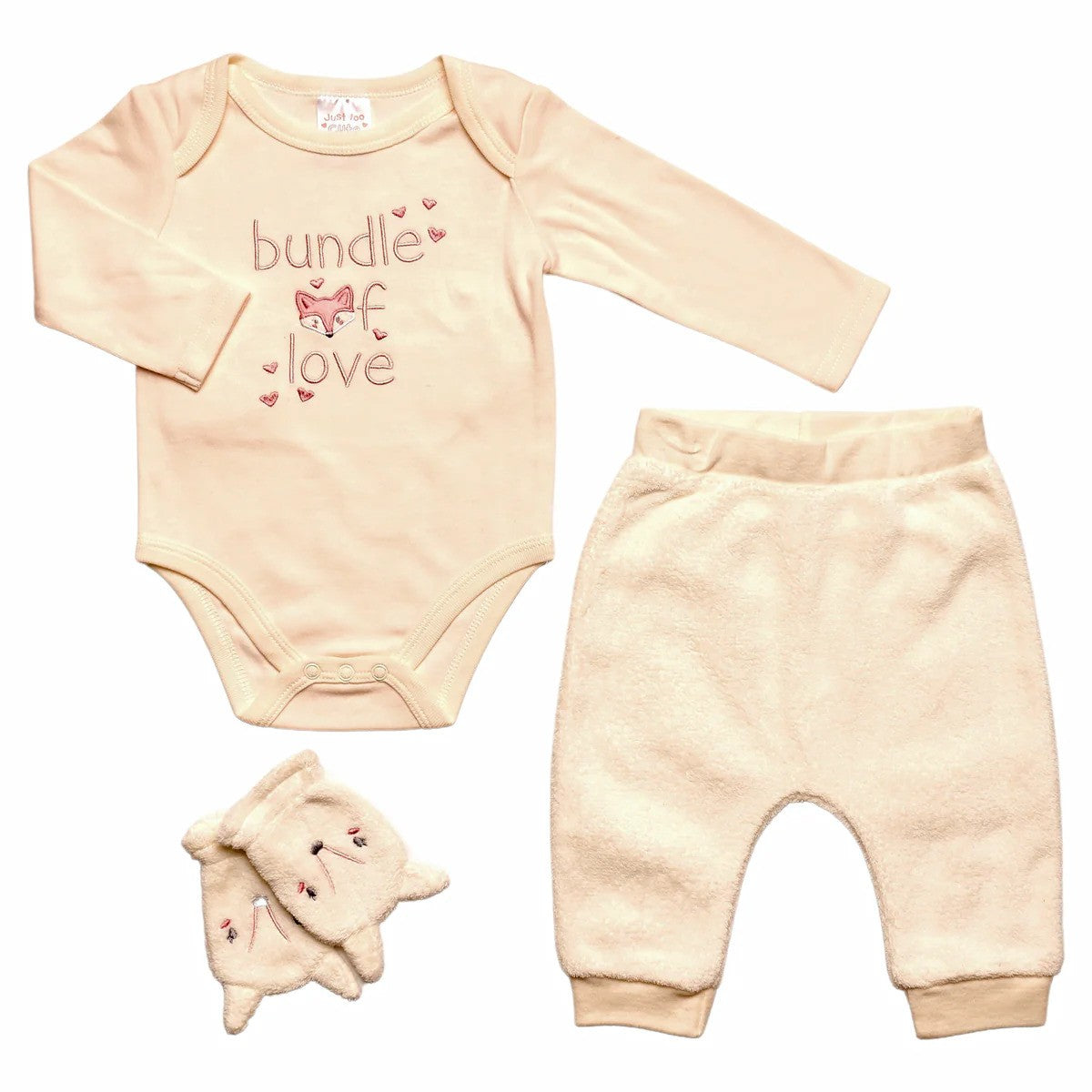 Cream baby clothing set with pink fox embroidery and wording that reads 'bundle of love'. Includes a bodysuit, trousers, and mittens
