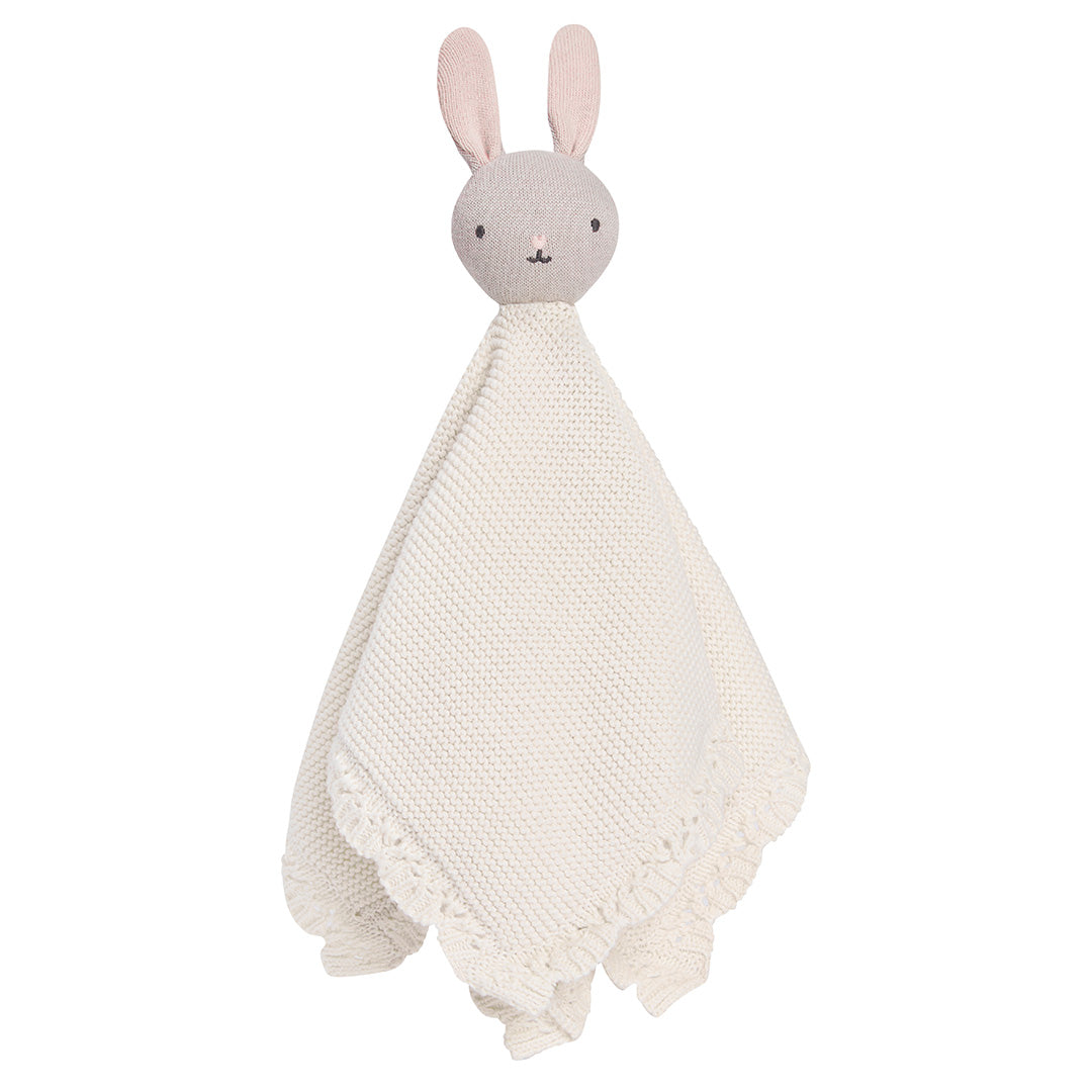 Soft knitted cream comforter soother with a rabbit head with long ears