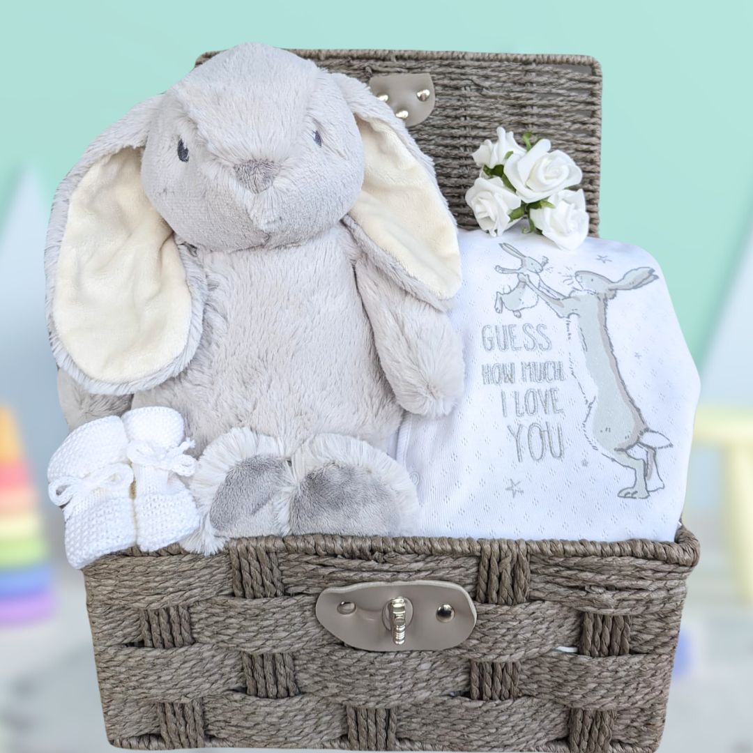 unisex bunny hamper basket gift with bunny and cotton clothing set.