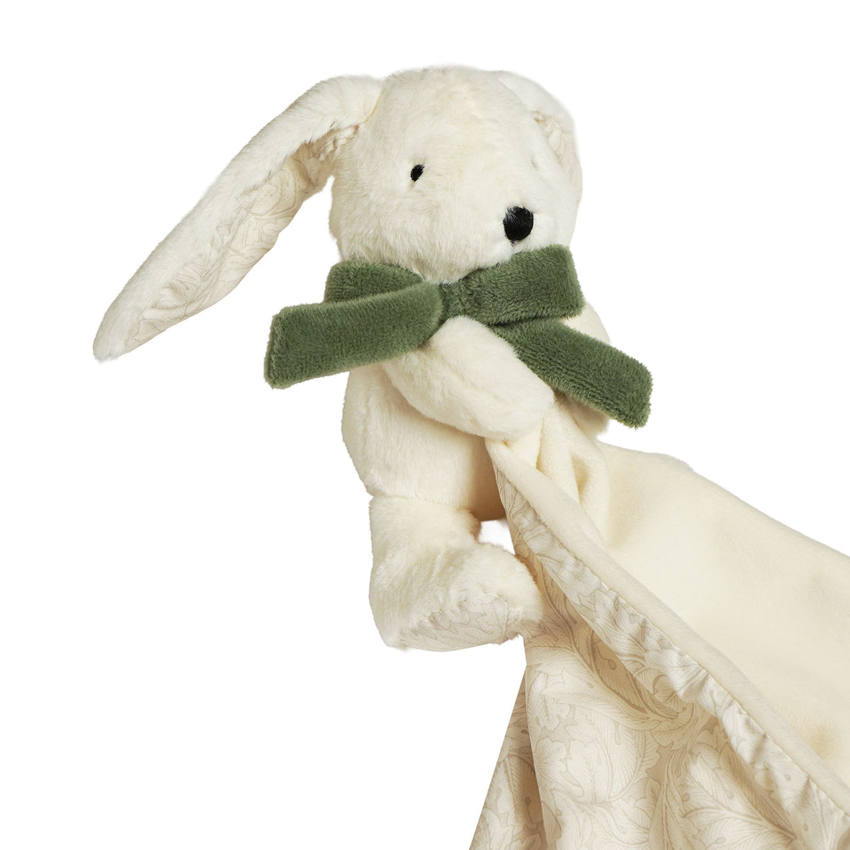 Close-up of bunny character with patterned ears and green fabric bow