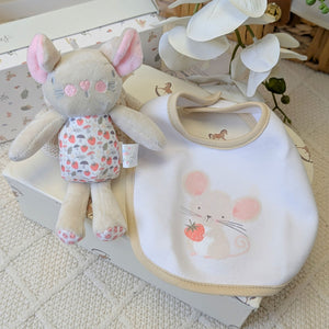 a gift set for a baby girl with bunny soft toy and a baby bib.