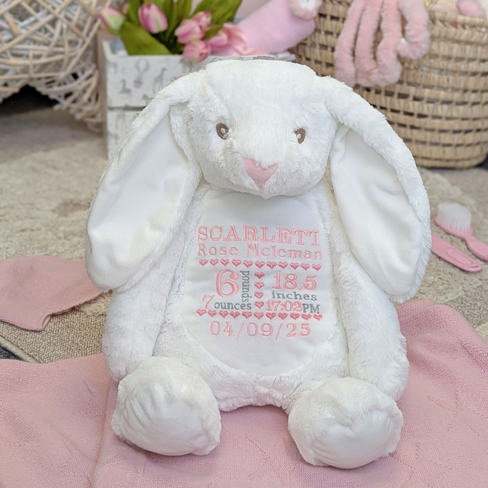 Personalised baby gift, white bunny with embroidered birth details on the tummy, name weight, date of birth 
