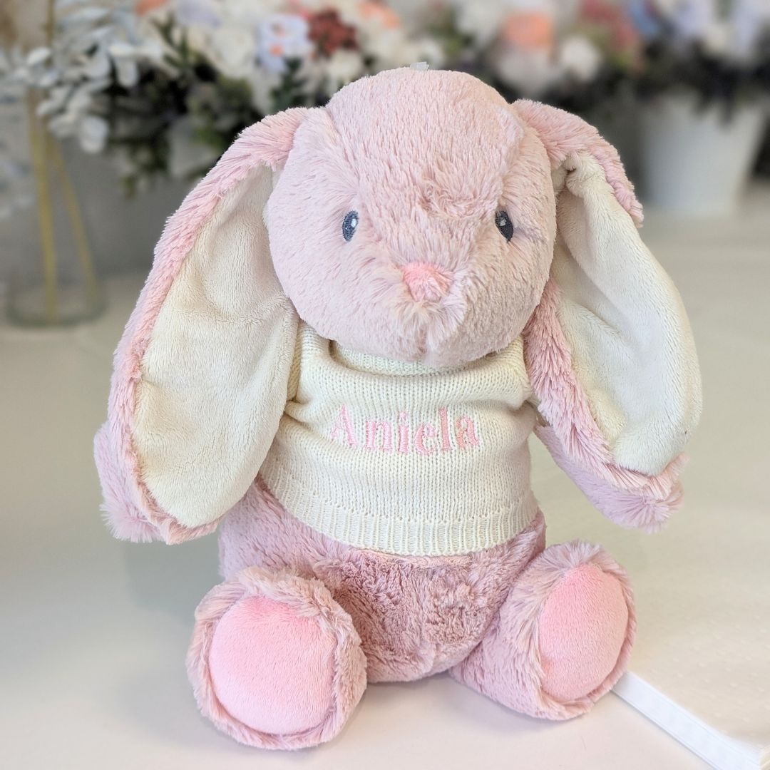 Pink dewey bunny which can be personalised.