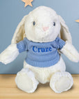 bunny rabbit soft toy in white with blue jumper