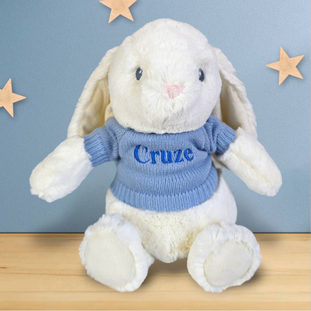 Dewey bunny rabbit soft toy in white with personalised blue jumper
