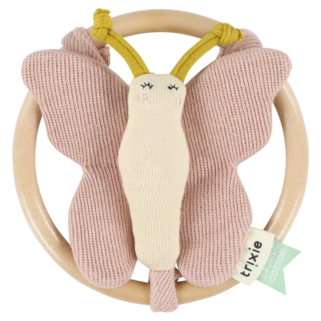 Butterfly knitted rattle inside a wooden teething ring