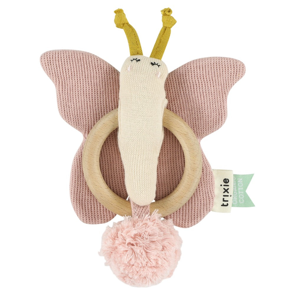 Organic butterfly knitted teether on a wooden ring