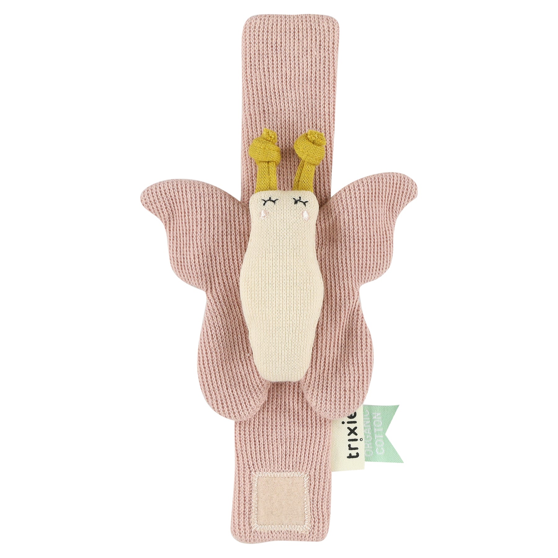 Pink knitted organic butterfly wrist rattle