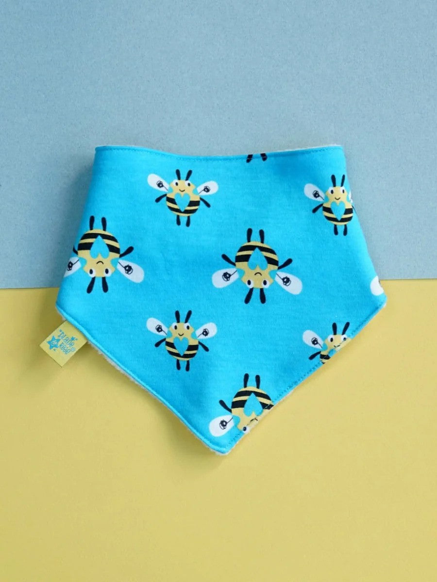 Teal bandana bib with a bee pattern