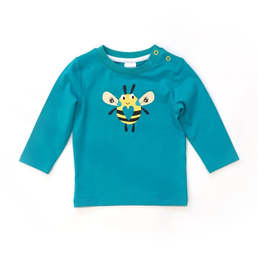 Teal long-sleeve baby top with a bee design