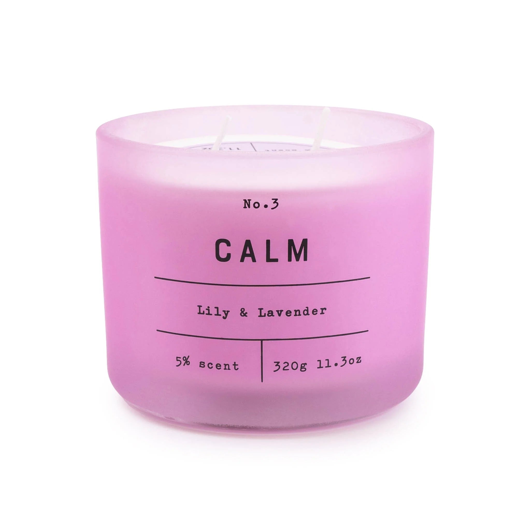 Pink frosted glass two wick candle with a 'calming' fragrance of lily and lavender