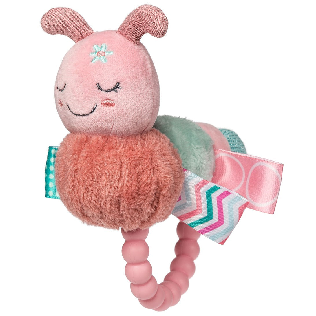 Soft caterpillar rattle with taggies and pink silicone teether