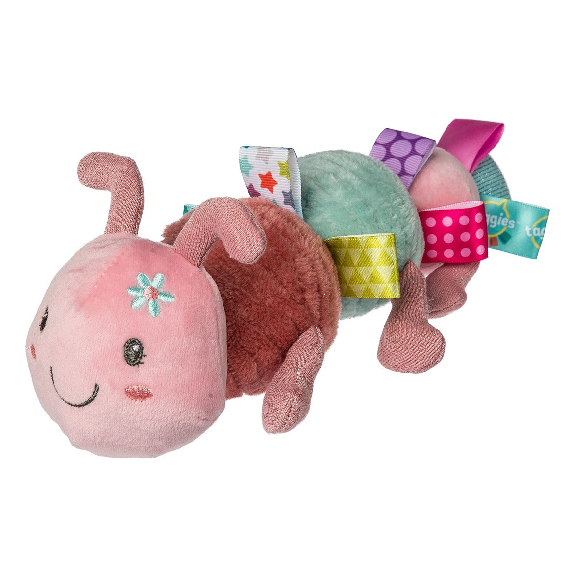 Caterpillar soft toy with mutli-coloured taggies