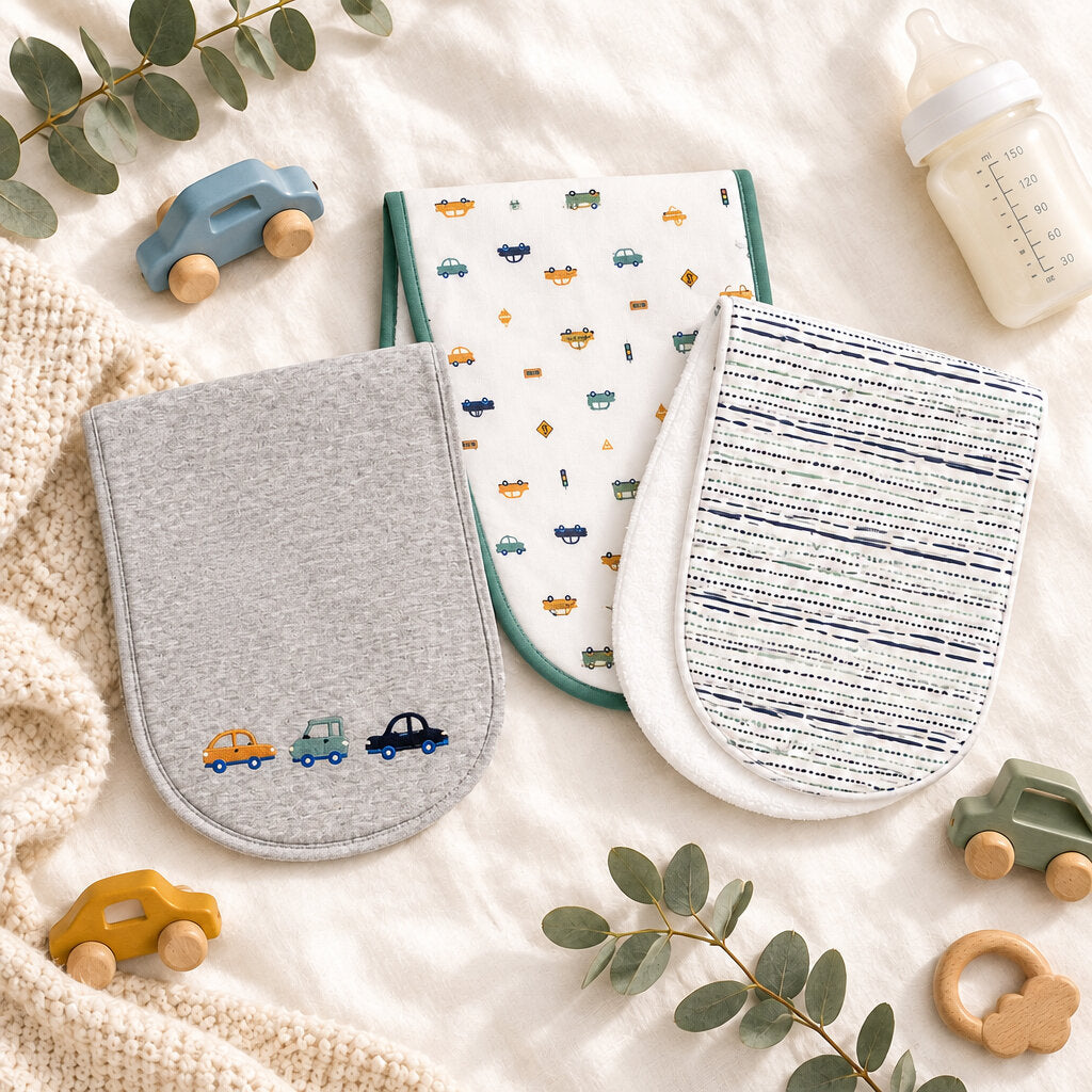 Pack of three multicolour baby burp cloths with car designs