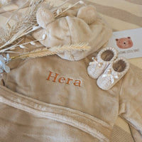 Personalised baby dressing gown - light brown with cute ears.