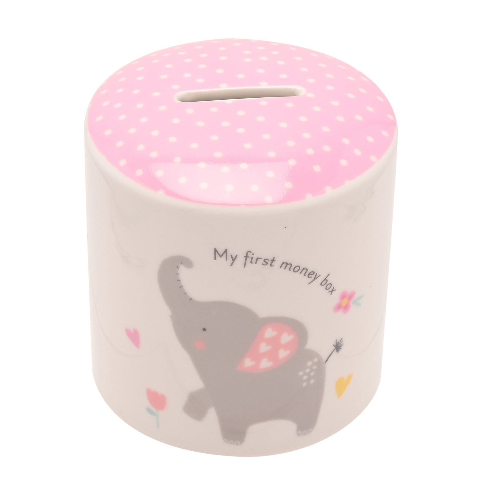 Children's money box with pink top and elephant design on a white background