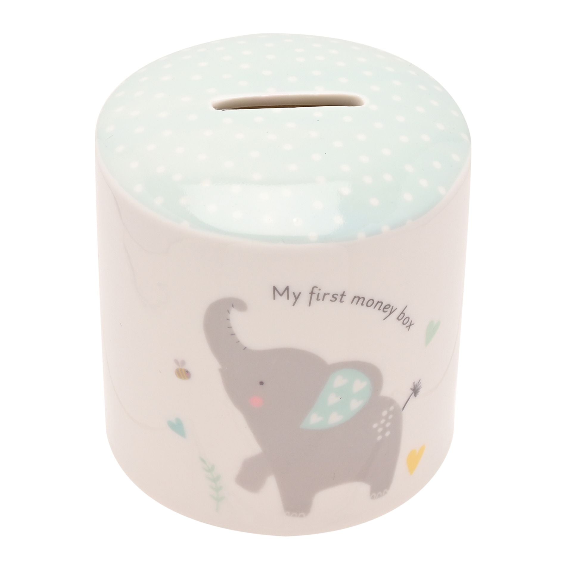 Children's money box with an elephant design and text 'My first money box' on a white background