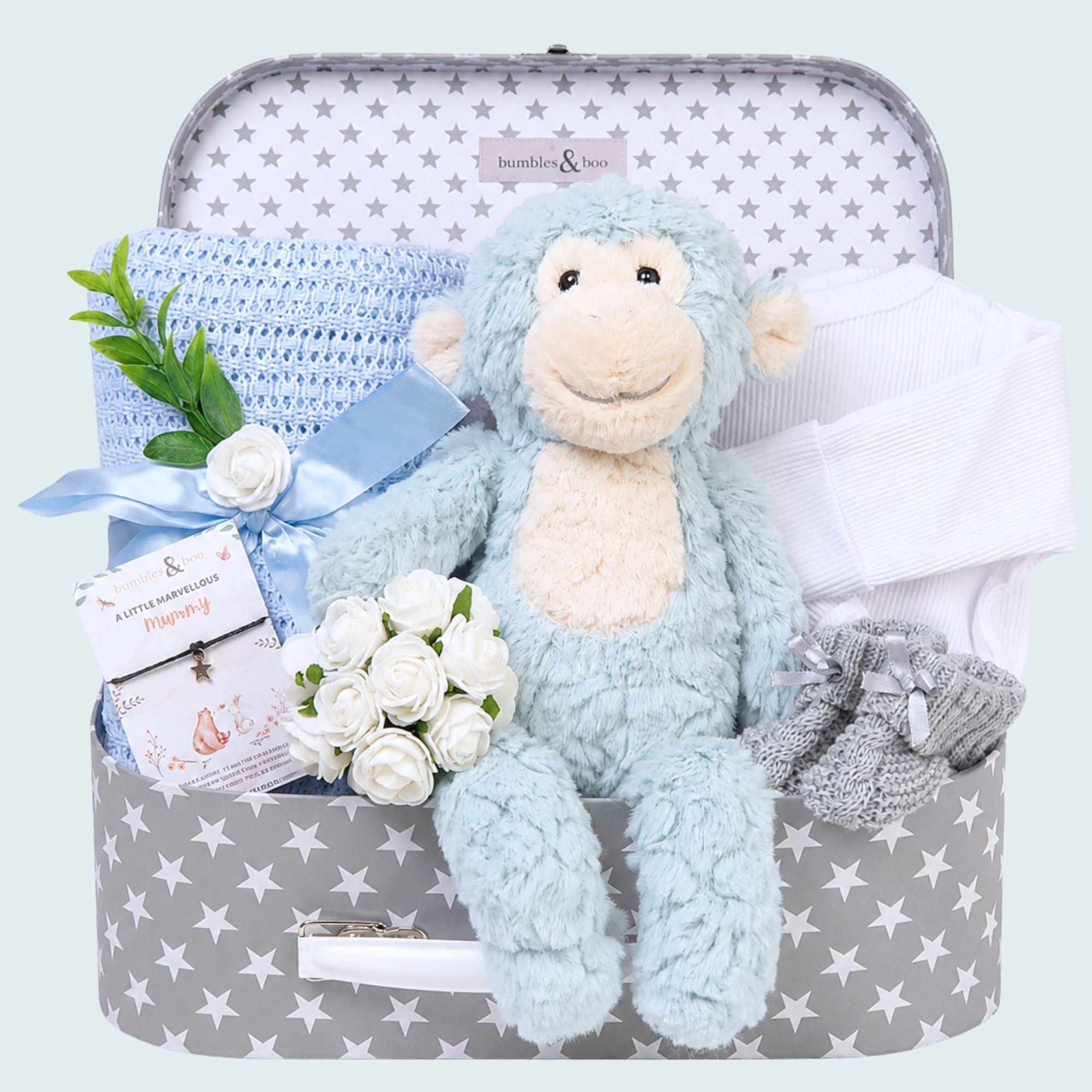 Baby boy gifts hamper with blue monkey soft toy, blanket and other presents Bumbles & Boo.  