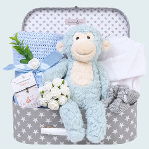 Baby boy gifts hamper with blue monkey soft toy, blanket and other presents Bumbles & Boo.  